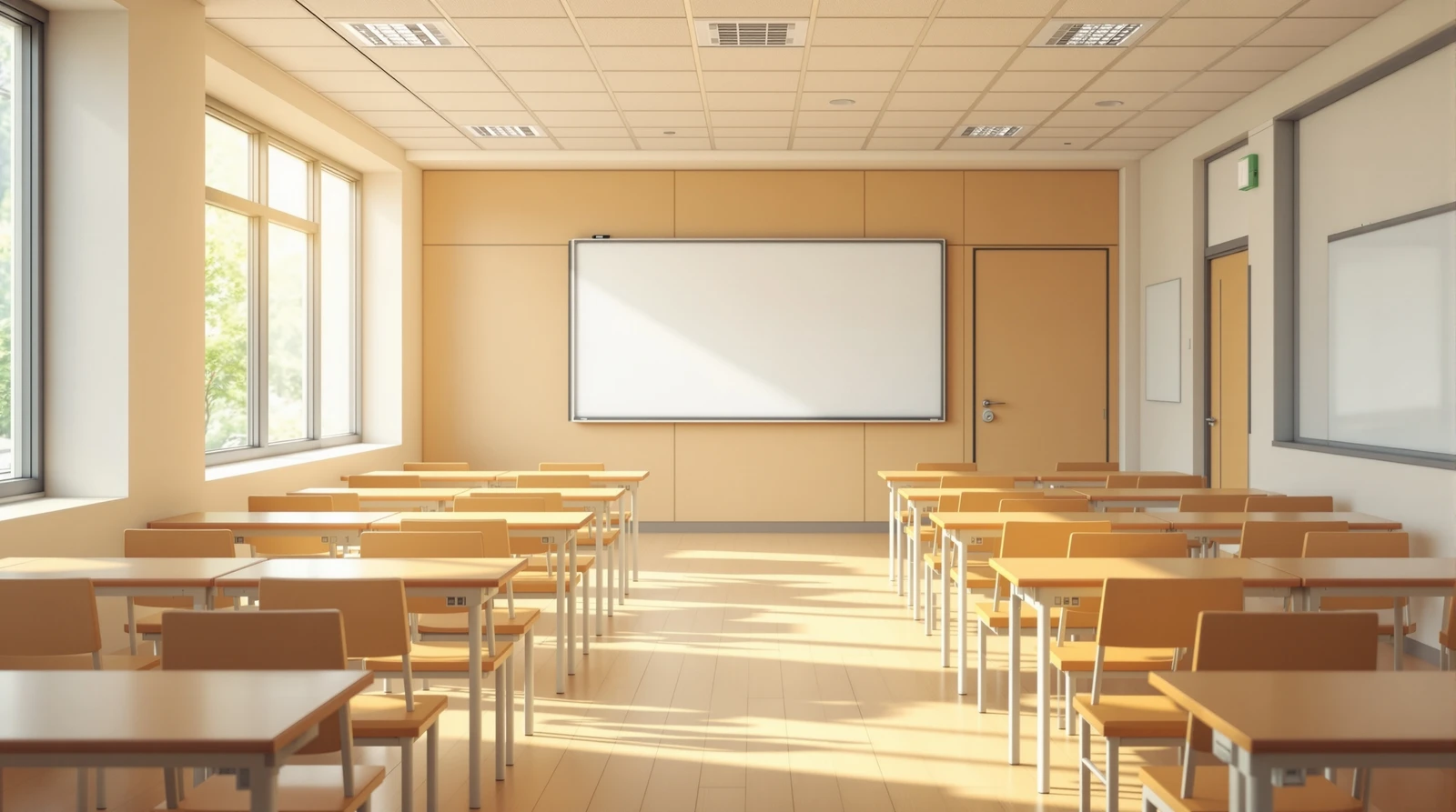 学習塾 教材 ロッカー 生徒 割当 鍵 - 明るく整った学習塾の教室、木製の机と椅子が整然と並ぶ様子