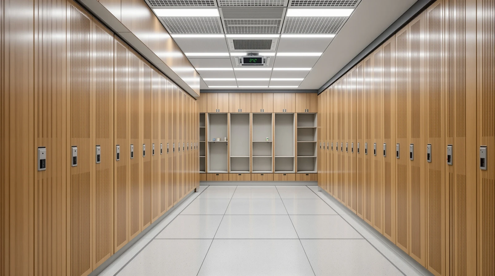 ロッカー 電子錠 おすすめ 比較 - 日本のスポーツジムの更衣室にロッカーが整然と並び、利用者が暗証番号式の電子錠でロッカーを解錠している