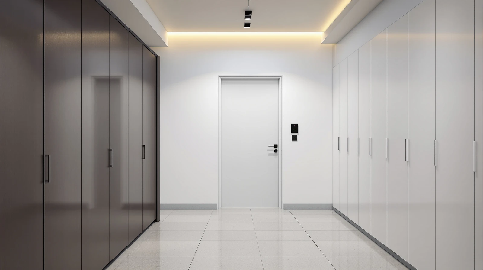 キャビネット 電子錠 オフィス - Modern open-plan Japanese office interior with row