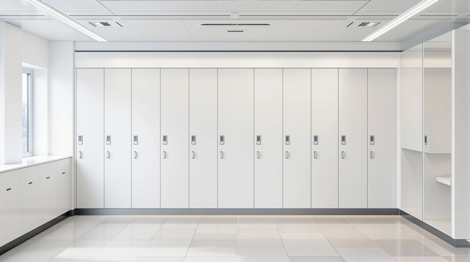 ロッカー 電子錠 後付け - オフィスの個人ロッカーに指紋認証式の電子錠が取り付けられており、社員が指をかざして自分専用のロッカー