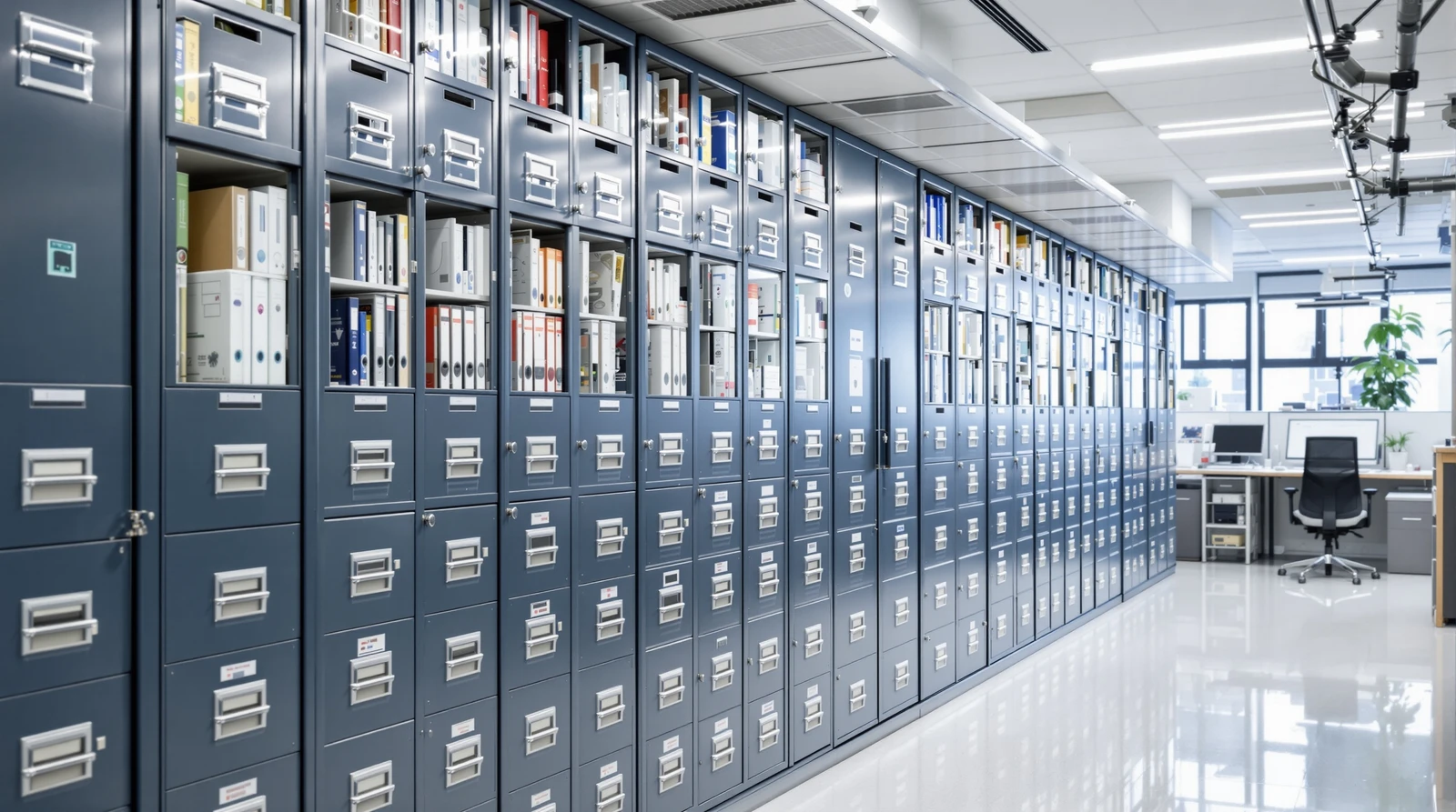 キャビネット 電子錠 オフィス - 日本のオフィスでスチール製のキャビネットが並んでおり、総務担当者が指紋認証の電子錠で書類キャビネット